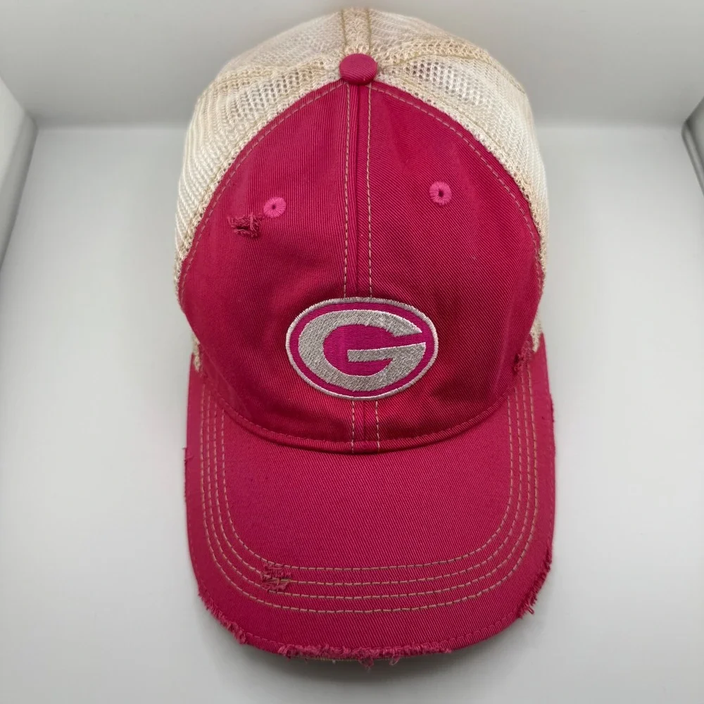 Headmost Trucker Hat Unisex OSFA Pink Distressed Georgia G Logo Snapback Cap
